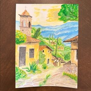 Charming Village Landscape Watercolor Art
